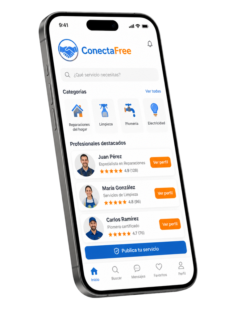 Preview do aplicativo ConectaFree mostrando lista de profissionais avaliados